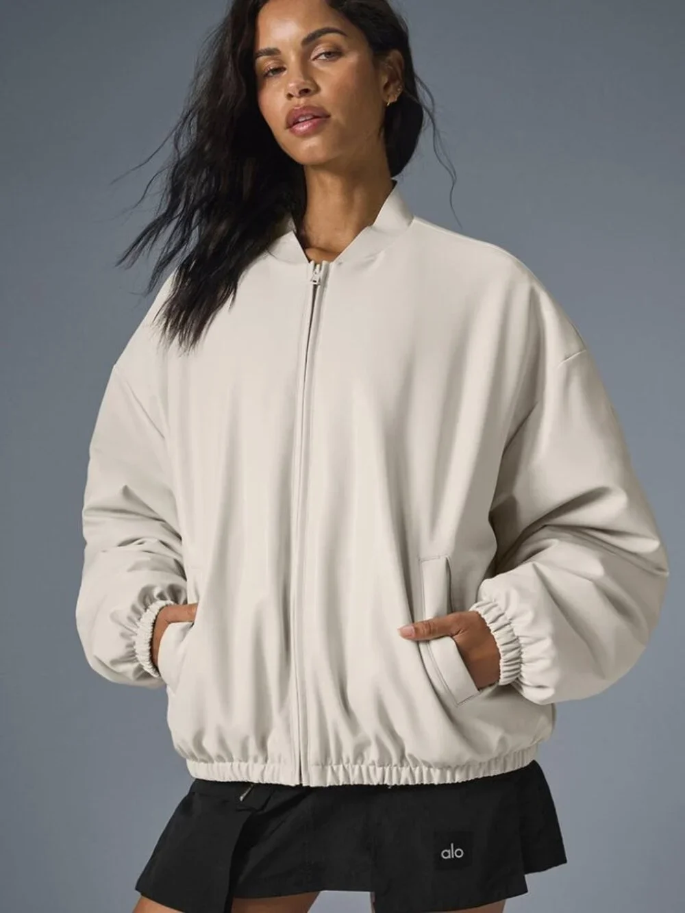 Alo Faux Leather Premier Bomber Jacket Bone XL